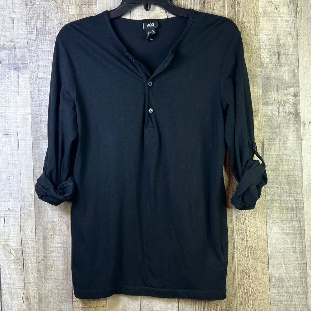 H & M Small Black Tunic W/3 Button Front with Tabbed Sleeves from Long t…